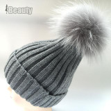 2016 Winter Knitted Real Fur Hat Women thicken Beanies skullies  with 15cm Raccoon Fur Pom poms Caps snapback beanie Hats