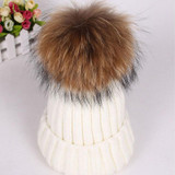2016 Winter Knitted Real Fur Hat Women thicken Beanies skullies  with 15cm Raccoon Fur Pom poms Caps snapback beanie Hats
