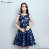 CEEWHY Nave Blue O-Neck Sleeveless A-Line Wedding Party Dress Lace Formal Gowns Knee-Length Cocktail Dress 2017 Homecoming Dress