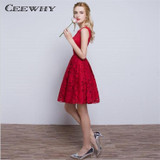 CEEWHY Double-Shoulder O-Neck Special Occasion Sexy Lace Dress Burgundy Short Cocktail Dress Party Dress Vestido de Festa Curto
