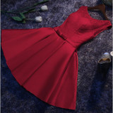 CEEWHY A-Line Satin Cocktail Dress Sleeveless Burgundy Short Evening Party Dress Knee-Length Bridal Lace Dress Vestido de noiva
