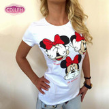 CDJLFH Summer Casual Women Harajuku Cartoon Print Shirts Round Neck Short Sleeve Women White Blouses Feminina Camisa