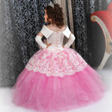 Luxury Pink Lace Boat-neckline First Communion Dresses for Girls Lace up back Ball Gown Kids Evening Gowns Girls Pageant Dresses