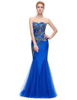 Luxury Peacock Appliques Mermaid Long Evening Dresses 2017 Royal Blue Black Tulle Prom Dress Evening Gown Vestido De Festa 0080