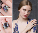 Luxury Cocktail Ring 9.5ct Genuine Gem Stone Rainbow Fire Mystic Topaz Ring Concave Pure Solid 925 Sterling Silver Jewelry Women