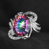 Luxury Cocktail Ring 9.5ct Genuine Gem Stone Rainbow Fire Mystic Topaz Ring Concave Pure Solid 925 Sterling Silver Jewelry Women