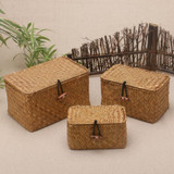 Natural handmade rattan storage box with lid for clothes and toys weave sundries organizer made of seaweed vintage straw basket