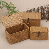 Natural handmade rattan storage box with lid for clothes and toys weave sundries organizer made of seaweed vintage straw basket