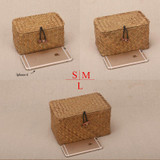 Natural handmade rattan storage box with lid for clothes and toys weave sundries organizer made of seaweed vintage straw basket