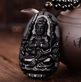 Natural Black Obsidian Carved Buddha Lucky Amulet Pendant Necklace Buddha Statue  Halloween For Women Men pendants 48mm*32mm