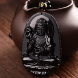 Natural Black Obsidian Carved Buddha Lucky Amulet Pendant Necklace Buddha Statue  Halloween For Women Men pendants 48mm*32mm