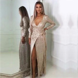 NATTEMAID Sexy women Sequin Maxi Dresses Long Sleeve Bodycon Deep V Neck Split Autumn Elegant Long Dresses Party Club Vestidos