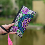National Ethnic Style Women Wallets Small Embroidered Bag Traditional Handmade Double Flower Embroidered Long Wallet Coin Purse