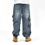 Narrived 2016 Men's blue Baggy Jeans with side pockets Hip Hop Designer Brand Skateboard Pants loose Style Plus Size 30-46
