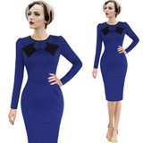 Vfemage Womens Elegant 1950s Vintage Pinup Retro Rockabilly Patchwork Long Sleeve Work Party Sheath Bodycon Wiggle Dress 8167