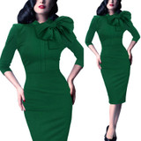 Vfemage Womens Elegant 1950s Vintage Pinup Retro Rockabilly 3/4 Sleeve Bow Party Work Sheath Bodycon Wiggle Pencil Dress 142