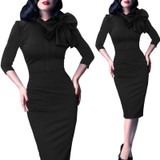 Vfemage Womens Elegant 1950s Vintage Pinup Retro Rockabilly 3/4 Sleeve Bow Party Work Sheath Bodycon Wiggle Pencil Dress 142