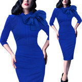 Vfemage Womens Elegant 1950s Vintage Pinup Retro Rockabilly 3/4 Sleeve Bow Party Work Sheath Bodycon Wiggle Pencil Dress 142