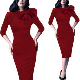 Vfemage Womens Elegant 1950s Vintage Pinup Retro Rockabilly 3/4 Sleeve Bow Party Work Sheath Bodycon Wiggle Pencil Dress 142