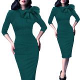 Vfemage Womens Elegant 1950s Vintage Pinup Retro Rockabilly 3/4 Sleeve Bow Party Work Sheath Bodycon Wiggle Pencil Dress 142