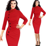 Vfemage Womens Autumn Winter Vintage Pinup Retro Rockabilly 3/4 Sleeve Button Ruched Pleated Work Party Wiggle Sheath Dress 8430