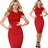 Vfemage Women Elegant Vintage Pinup Bow Ruched Tunic Business Casual Wear To Work Party Stretch Bodycon Pencil Sheath Dress 266
