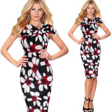 Vfemage Women Elegant Vintage Pinup Bow Ruched Polka Dot Tunic Business Casual Work Party Stretch Bodycon Pencil Dress 266