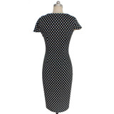 Vfemage Women Elegant Vintage Pinup Bow Ruched Polka Dot Tunic Business Casual Work Party Stretch Bodycon Pencil Dress 266