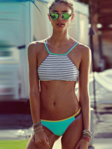 Popular Two-Pieces Striped Halter Neck  Bikini Swimwear