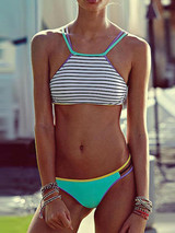 Popular Two-Pieces Striped Halter Neck  Bikini Swimwear