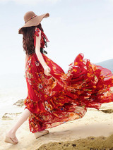Popular Floral-Print Slim Fit Stripes V Neck Off-Shoulder Maxi Dress