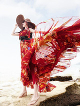 Popular Floral-Print Slim Fit Stripes V Neck Off-Shoulder Maxi Dress