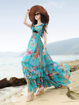 Popular Floral-Print Slim Fit Stripes V Neck Off-Shoulder Maxi Dress