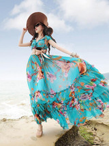 Popular Floral-Print Slim Fit Stripes V Neck Off-Shoulder Maxi Dress