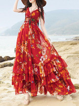 Popular Floral-Print Slim Fit Stripes V Neck Off-Shoulder Maxi Dress