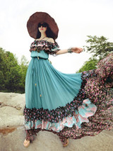 Popular Floral-Print Slim Fit Chiffon Stripes Off-Shoulder Bohemia Beach Dress