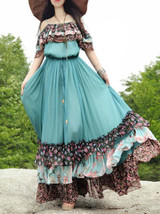 Popular Floral-Print Slim Fit Chiffon Stripes Off-Shoulder Bohemia Beach Dress