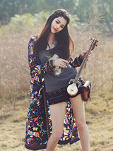 Popular Floral Print  Bohemia Long Sleeve Long Cover-Up Tops
