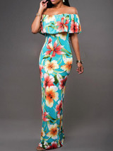 Popular Fashion Floral-Print Off-Shoulder Falbala Slim Fit Maxi Dress