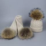 Pompom Hats for Women Raccoon Fur Pompom Hat Scarf Set Girls Boys PomPoms Knitted Beanies Hat Cap Brand Scarves for Women man