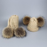 Pompom Hats for Women Raccoon Fur Pompom Hat Scarf Set Girls Boys PomPoms Knitted Beanies Hat Cap Brand Scarves for Women man