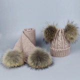 Pompom Hats for Women Raccoon Fur Pompom Hat Scarf Set Girls Boys PomPoms Knitted Beanies Hat Cap Brand Scarves for Women man