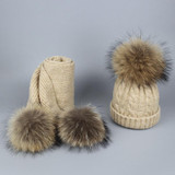 Pompom Hats for Women Raccoon Fur Pompom Hat Scarf Set Girls Boys PomPoms Knitted Beanies Hat Cap Brand Scarves for Women man