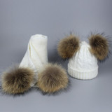 Pompom Hats for Women Raccoon Fur Pompom Hat Scarf Set Girls Boys PomPoms Knitted Beanies Hat Cap Brand Scarves for Women man