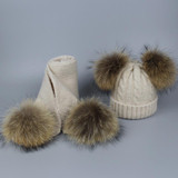 Pompom Hats for Women Raccoon Fur Pompom Hat Scarf Set Girls Boys PomPoms Knitted Beanies Hat Cap Brand Scarves for Women man