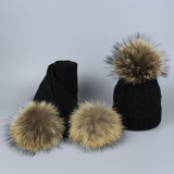 Pompom Hats for Women Raccoon Fur Pompom Hat Scarf Set Girls Boys PomPoms Knitted Beanies Hat Cap Brand Scarves for Women man