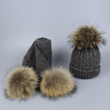 Pompom Hats for Women Raccoon Fur Pompom Hat Scarf Set Girls Boys PomPoms Knitted Beanies Hat Cap Brand Scarves for Women man