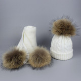 Pompom Hats for Women Raccoon Fur Pompom Hat Scarf Set Girls Boys PomPoms Knitted Beanies Hat Cap Brand Scarves for Women man