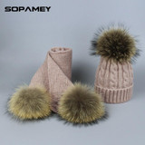 Pompom Hats for Women Raccoon Fur Pompom Hat Scarf Set Girls Boys PomPoms Knitted Beanies Hat Cap Brand Scarves for Women man