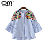 OMCHIONBlusas Mujer De Moda 2017 O Neck Floral Embroidery Blouse Long Sleeve Blue Striped Women Shirt Casual Summer Tops TS149